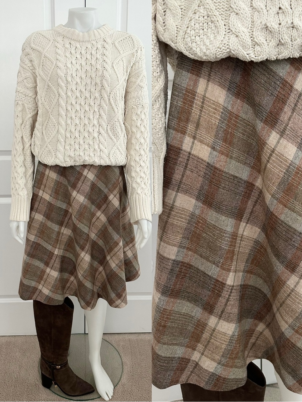 Vintage Fall Wool Plaid Midi Skirt - Brown Cream Green - Collegiate / Teacher
